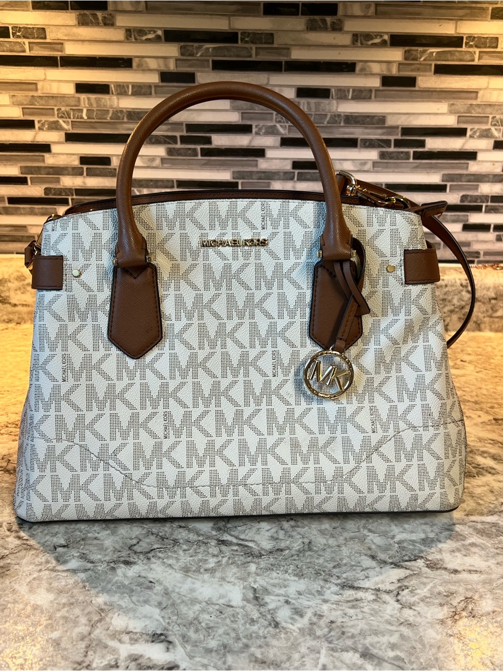 Michael Kors Vanilla Signature Satchel with Brown Trim